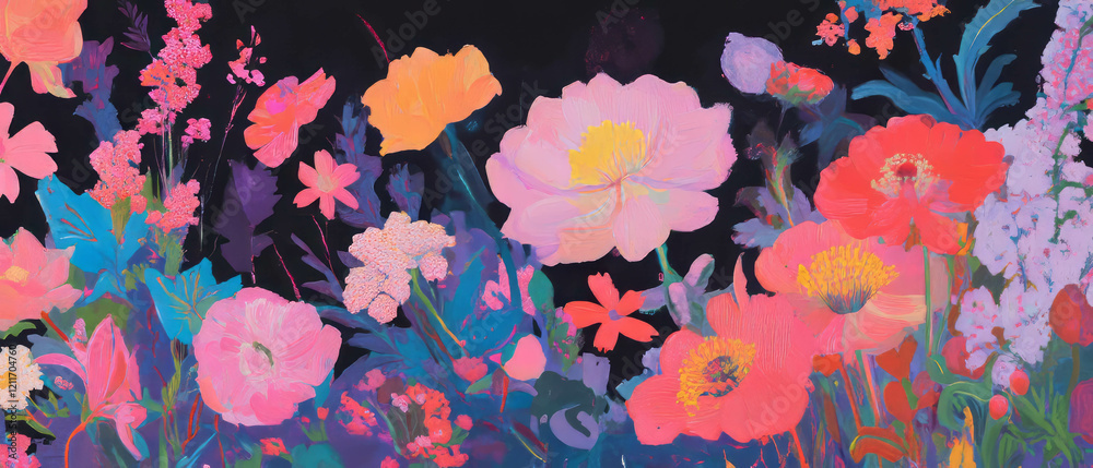 Poster vibrant and colorful flower arrangement with simple shapes and rich textures