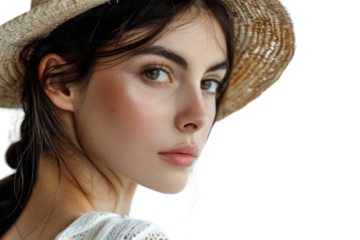 Summer Gaze: A captivating portrait of a young woman with dark hair and expressive eyes, wearing a sun hat. Her gaze is intense, and her expression is both confident and alluring. 