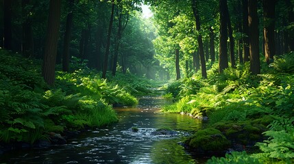 Obraz premium Serene Forest Stream Surrounded by Lush Greenery and Sunlight