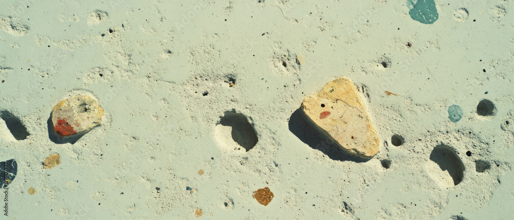 Poster Detailed view of colorful footprints on textured sandy surface with unique patterns