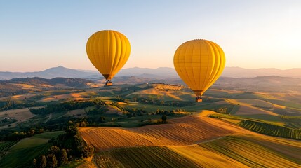 Obraz premium Majestic Hot Air Balloons Soaring Above Lush Green Hills at Sunset Capturing Serenity and Adventure. Travel, Adventure, Scenery Concept