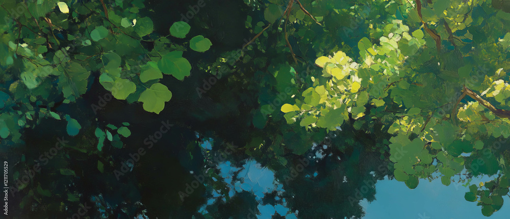 Poster dappled sunlight filtering through a lush forest canopy with dense foliage