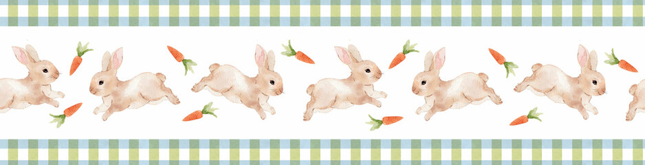 A delightful Easter-themed pattern featuring whimsical bunnies, vibrant carrots, and playful wavy stripes. The charming green checkered background is adorned with whimsical ribbon bows.