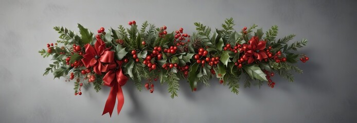 Fototapeta premium Classic red and green color scheme with holly and mistletoe accents for festive banner, holidays, holly