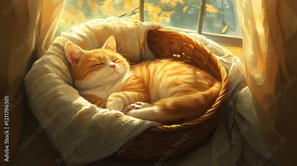 Poster a fluffy, chubby cat curled up in a cozy basket, surrounded by soft blankets, basking in warm sunlig