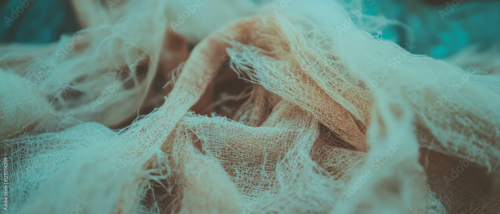 Poster Frayed ribbons and loose threads create a rustic and textured fabric display