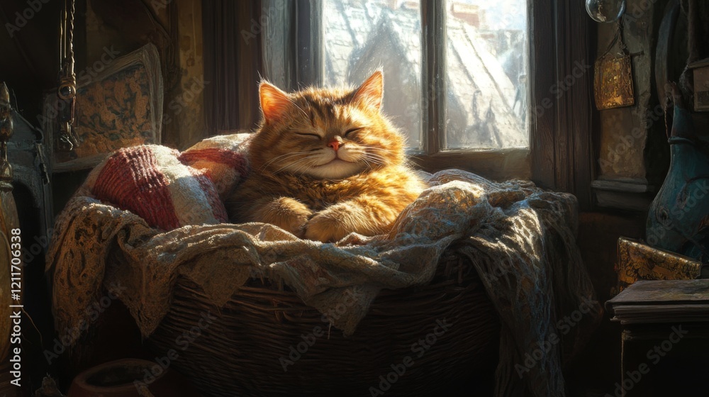 Poster a fluffy, chubby cat curled up in a cozy basket, surrounded by soft blankets, basking in warm sunlig