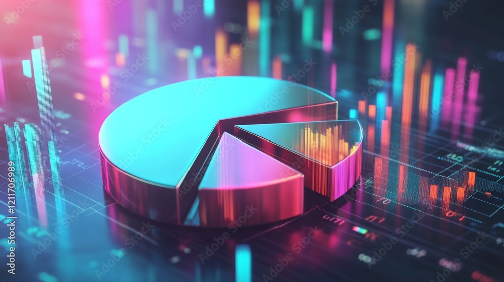 Poster A futuristic D pie chart with metallic slices rotating in mid-air, glowing softly with data points floating nearby, perfect for visualizing complex financial information.