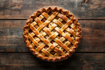 Overhead view of a delicious apple pie with a lattice crust on a rustic wooden table.
