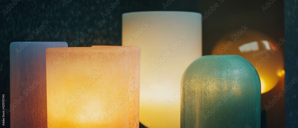 Poster frosted glass lamps illuminate space with soft glow and unique textures at evening