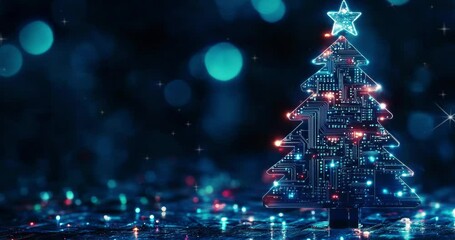 Futuristic Christmas tree made of circuit board. Digital Christmas tree. Technological New Year concept. Holiday celebration. Christmas, New Year, greetings. High Technology. Copy space area