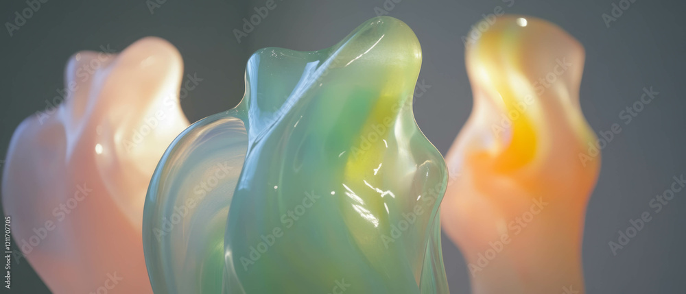 Poster frosted glass sculptures showcasing smooth curves and colorful abstract forms