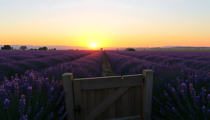 Fototapeta premium Lavender Fields at Sunset Viewed Through a Wooden Gate