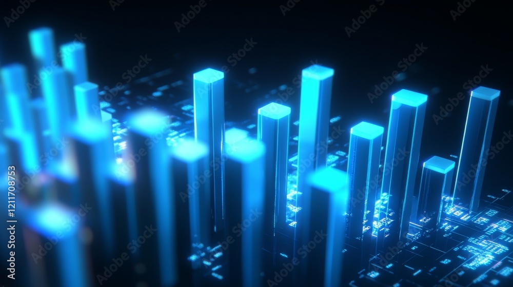 Aufkleber A high-tech D bar graph with glowing blue bars and digital numbers floating around them, symbolizing complex financial data and analysis.