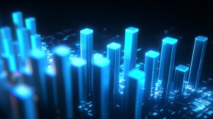 A high-tech D bar graph with glowing blue bars and digital numbers floating around them, symbolizing complex financial data and analysis.