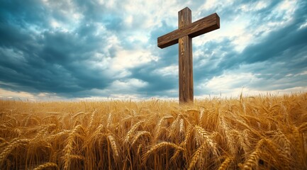 Cross stands tall in golden wheat field against a dramatic sky