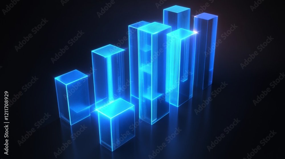 Aufkleber A high-tech D bar graph with glowing blue bars and digital numbers floating around them, symbolizing complex financial data and analysis.