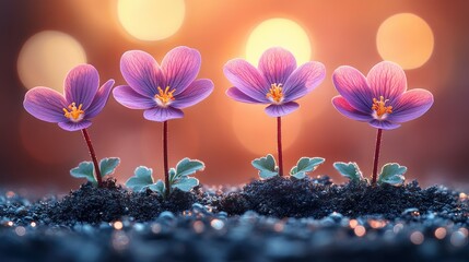 Obraz na płótnie Canvas Four Purple Flowers Blooming at Sunset