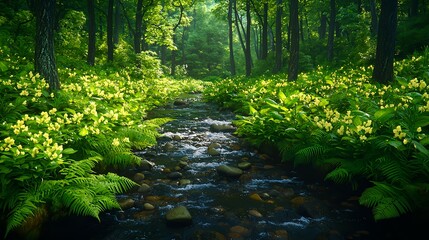 Fototapeta premium Serene Stream Flowing Through Lush Green Forest with Yellow Flowers
