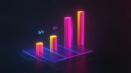 A high-tech bar chart featuring glowing neon bars, representing financial trends, set against a dark backdrop with floating data labels and percentage points.
