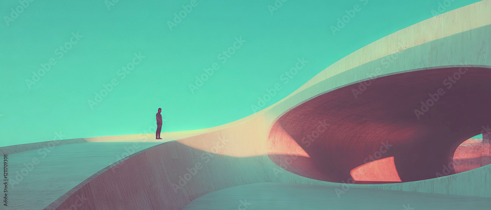 Poster exploration of smooth surfaces in futuristic architecture under a vibrant sky