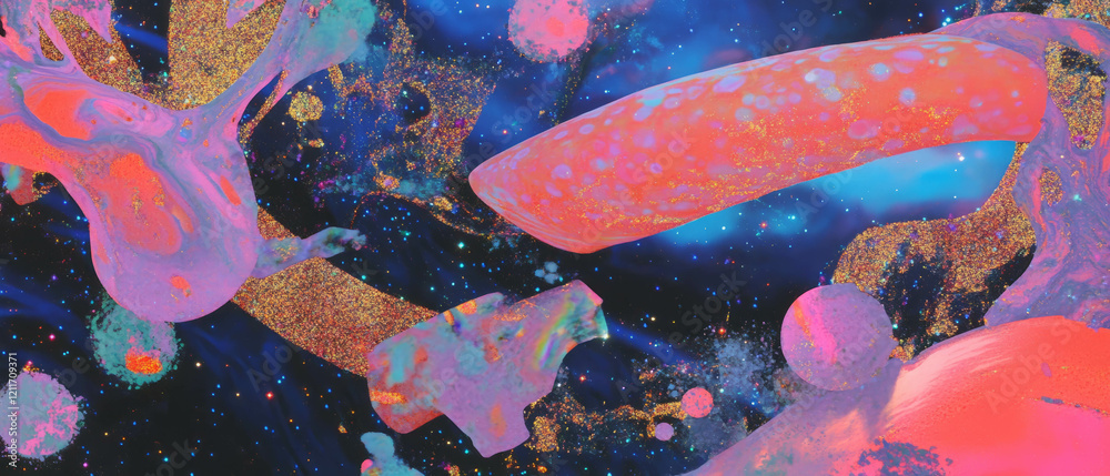 Poster visual exploration of cosmic textures and swirling patterns in a vibrant galaxy scene