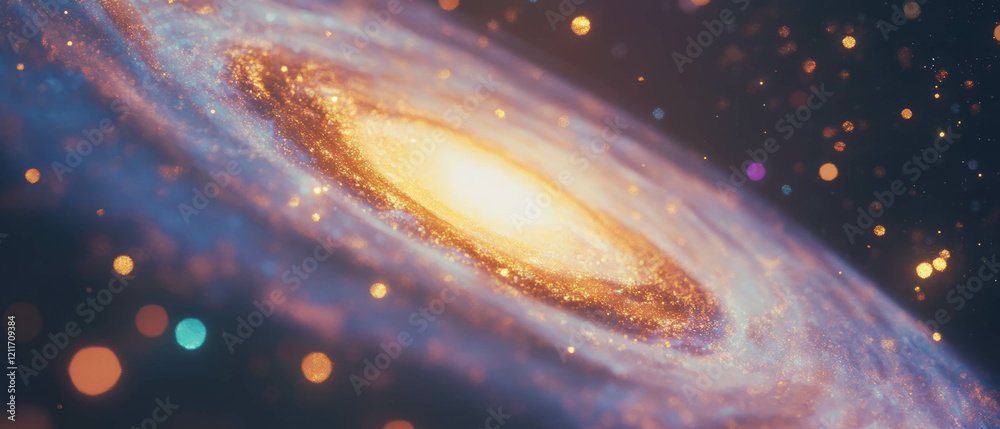 Poster swirling galaxy texture with cosmic patterns and glimmering gold highlights