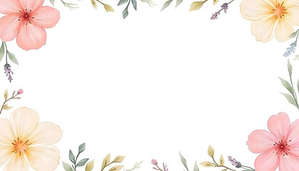 Fototapeta premium A seamless watercolor floral border with a variety of vibrant flowers and subtle greenery, designed to frame text or images on a white background