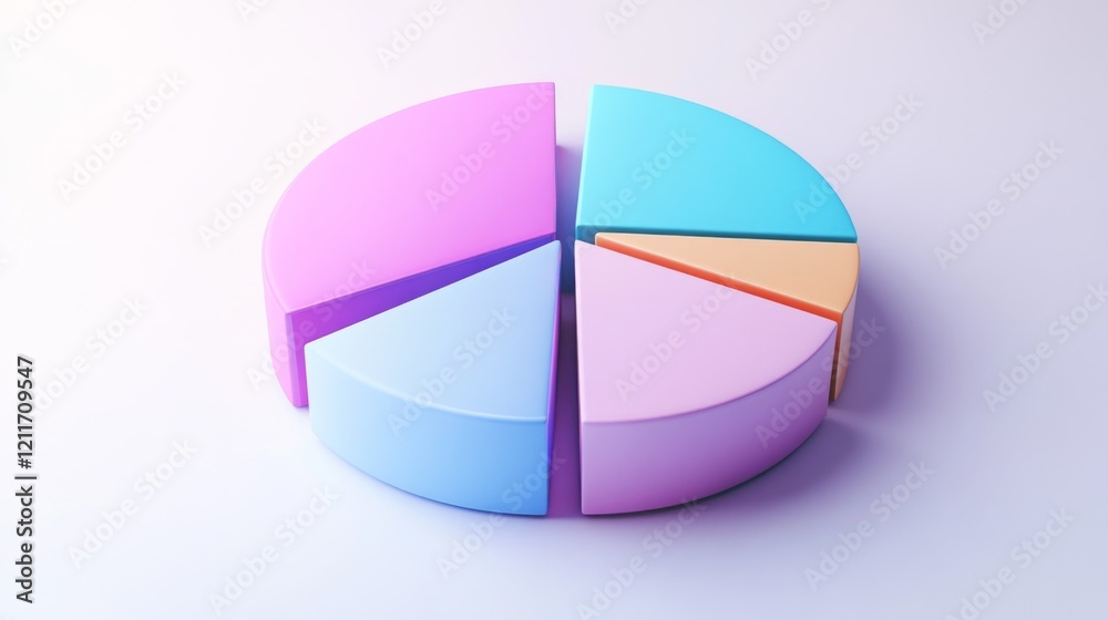 Poster A minimalist D pie chart with pastel-colored slices, smoothly separated to reveal individual sections, placed on a clean white background.
