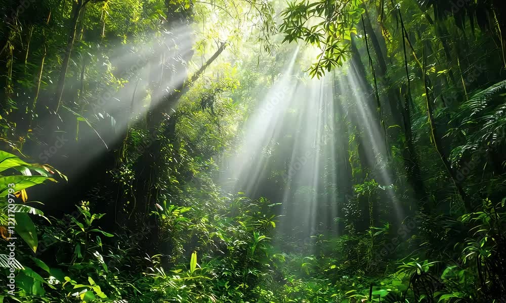 Wall mural enchanting forest with sunlight filtering through vibrant green trees creating a tranquil atmosphere