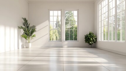 Bright Minimalist Room Interior Design with Large Windows and Plants