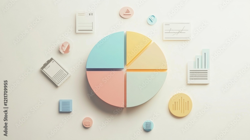 Poster a minimalist financial pie chart with pastel-colored slices, displaying income distribution, with fi