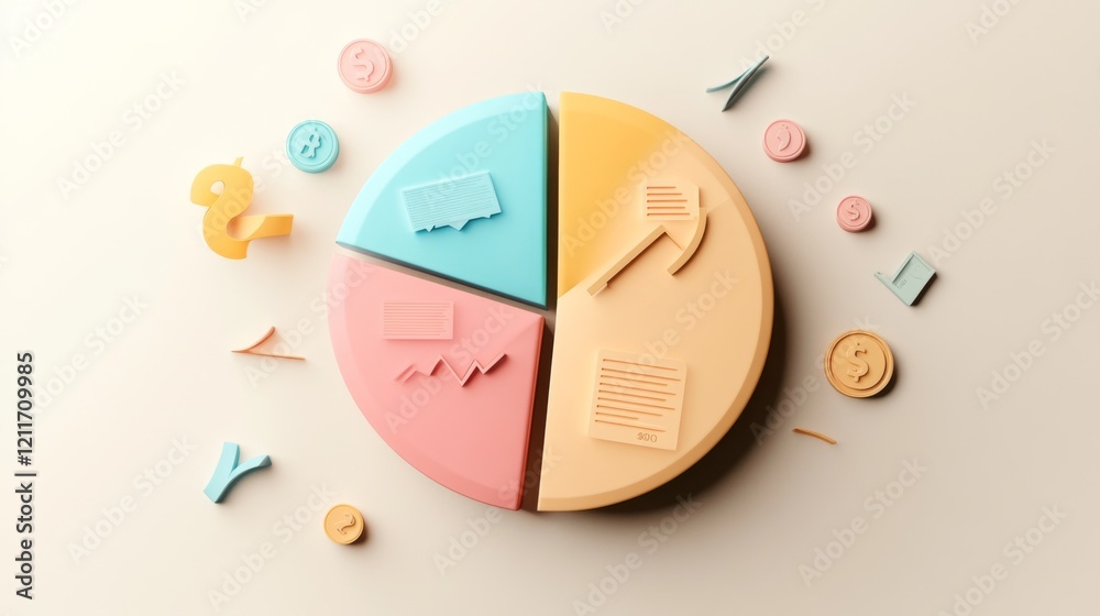 Poster a minimalist financial pie chart with pastel-colored slices, displaying income distribution, with fi