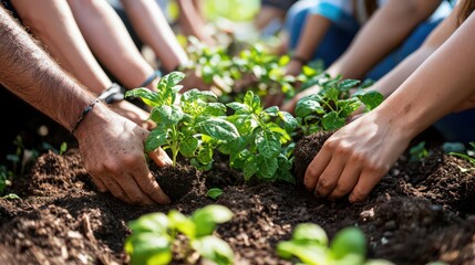 Fototapeta premium Community gardens sprouting fresh greens, local engagement, sustainable food practices, eco-friendly culture, soil health, nature bonding, growth preservation.