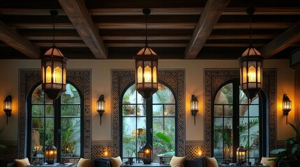 Obraz premium Moorish-style room, lanterns, windows, plants.