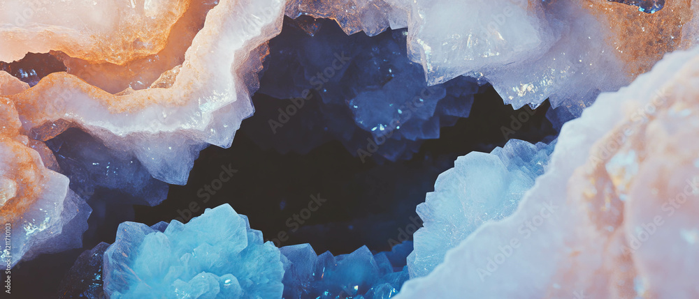 Poster exploring the stunning texture and colors of geodes with crystalline interiors