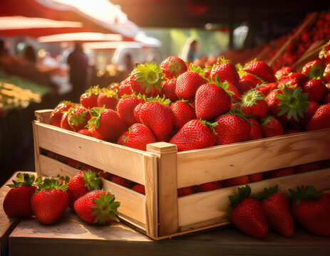 Una caja de madera con fresas rojas maduras en un mercado con fondo desenfocado