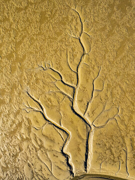 Vue a&eacute;rienne du Bassin d'Arcachon &agrave; mar&eacute;e basse repr&eacute;sentant des textures minimalistes 