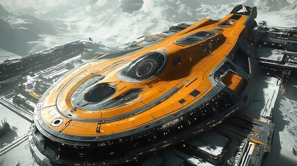 Orange And Gray Spaceship Docked On Snowy Planet