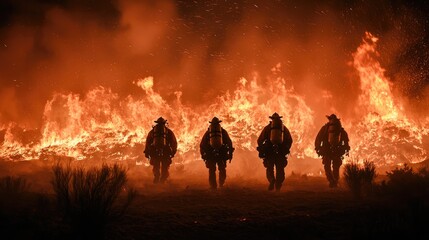 Fototapeta premium A silhouette of five firefighters walking in front of an intense fire at night, with flames illuminating their silhouettes against the dark sky.