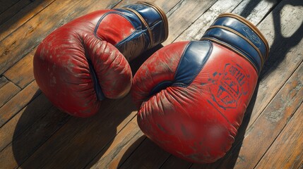 Boxing gloves in bright red with dark blue accents, placed on a wooden ring floor, dramatic lighting highlighting the 