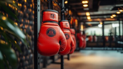 Bright red boxing gloves hanging from a hook in a gym, the logo on the gloves clear, with a minimalistic white background