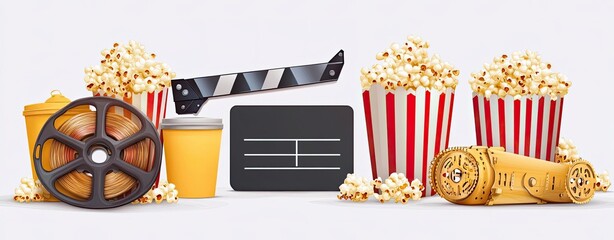 Flat art style icon of movie and cinema, with a film reel, clapperboard, and popcorn, on a white background