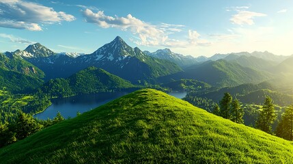 Obraz premium Breathtaking Scenic View of Mountains and Lake at Sunrise