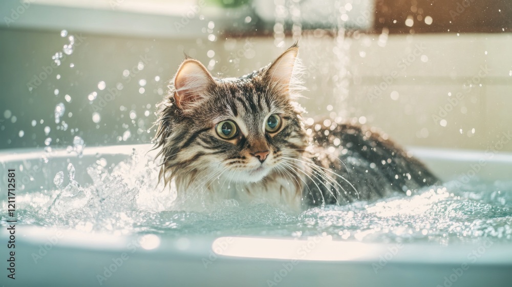 Poster a playful image of a fluffy cat cautiously stepping into a bathtub filled with warm water, with spla