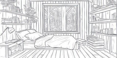 Fototapeta premium Cozy Wooden Cabin Bedroom with Forest View