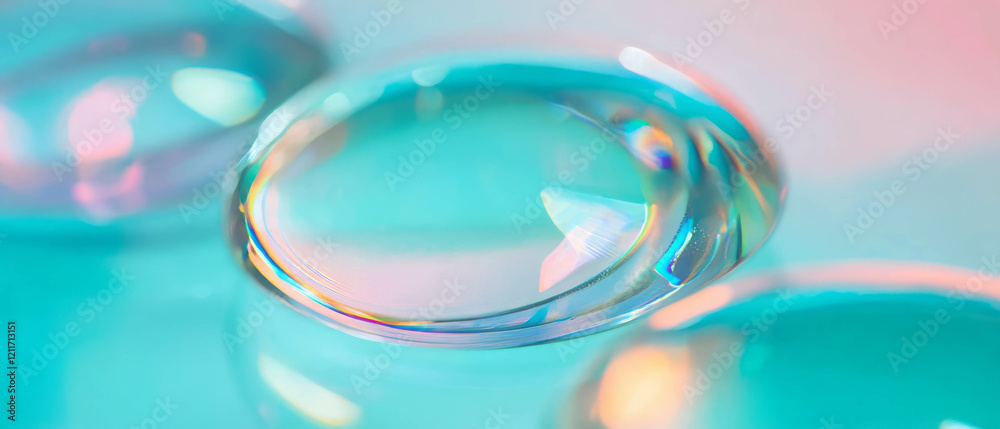 Poster magnifying effect and smooth texture of glass lenses under colorful lighting