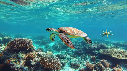 Sea Turtle Gracefully Swimming Through Vibrant Coral Reef