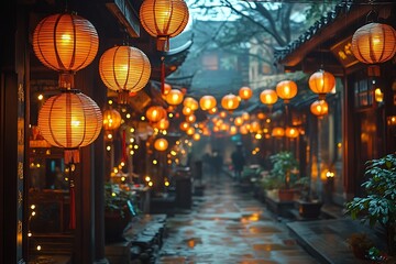 Obraz premium Illuminated Lanterns Adorn A Rainy Asian Street