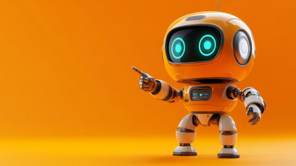 explore animated 3d orange robot pointing with cute design on orange background showcasing friendly futuristic robotic character and ai illustration in digital cartoon graphic art